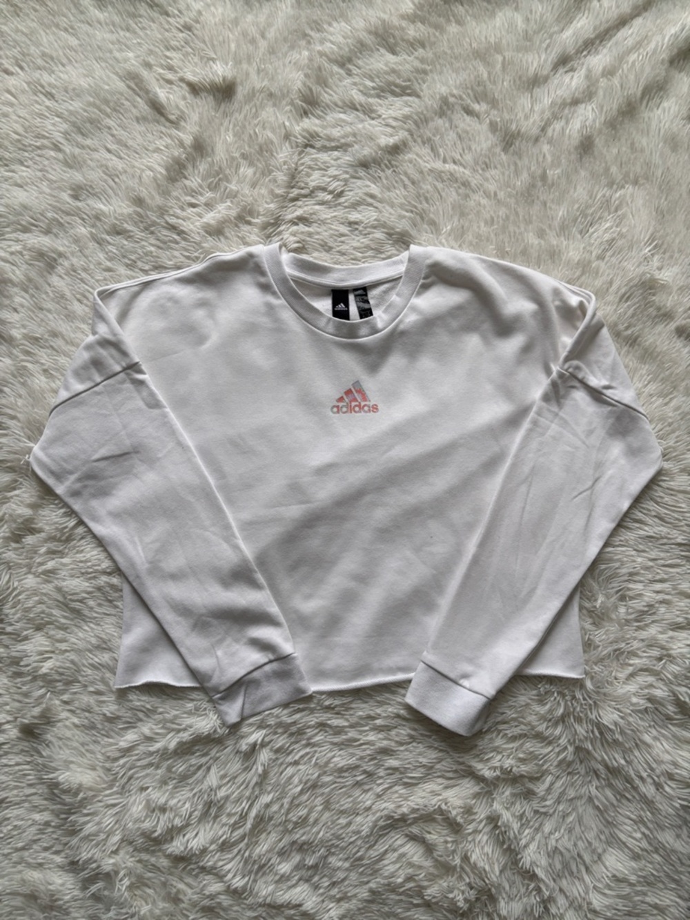 adidas White Cropped Crewneck with Light Pink Logo